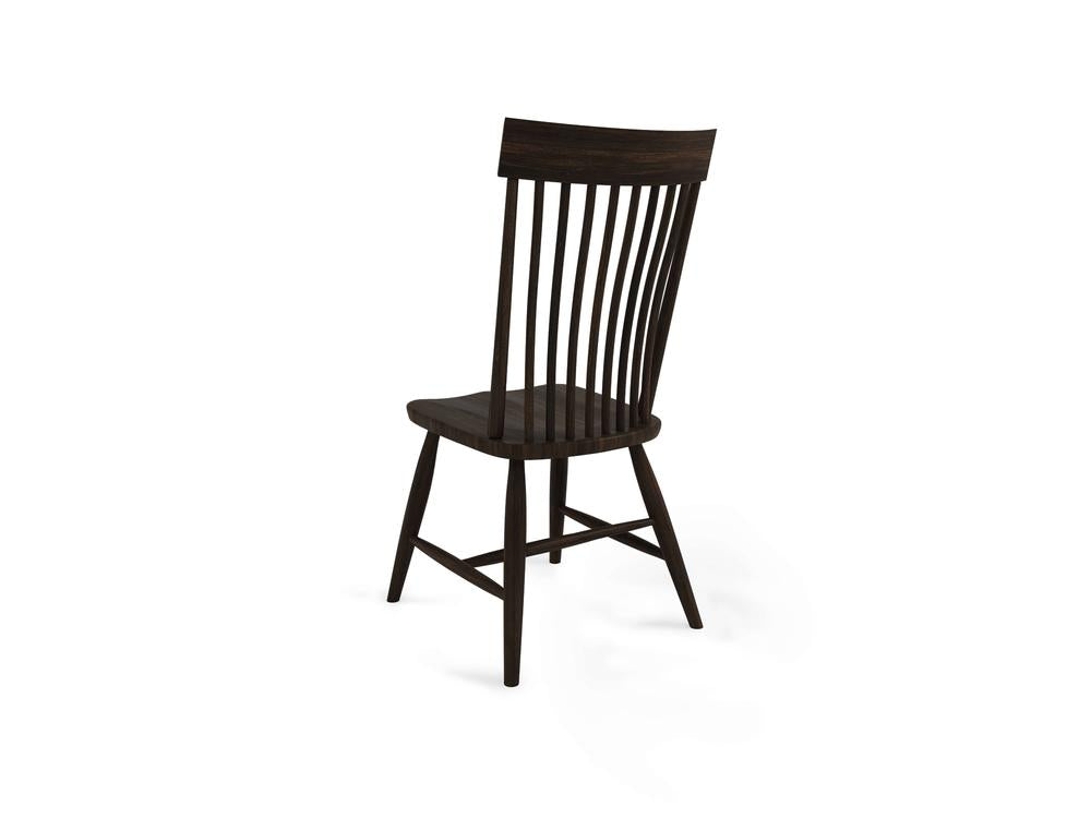 A dark wooden chair with a slatted backrest and slightly angled legs on a white background. The chairs design is simple and classic, with clean lines and a smooth finish.