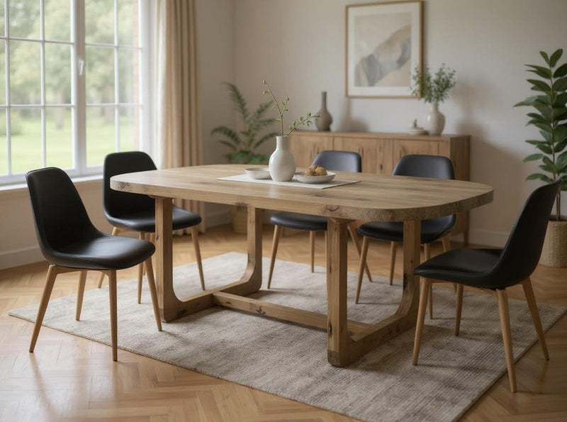 A modern dining room features the James+James Emersen Oval Dining Table in Harvest Wheat, paired with six black chairs on a beige rug, white vase and plate decor. Large window, light wood floors, plants, and framed art complete the bright space.