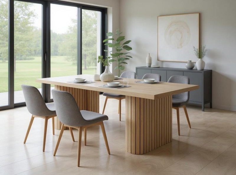A modern dining room features the James+James Fern Dining Table - Satin, four gray upholstered chairs, large glass doors overlooking greenery, a sideboard with decor, a plant, and abstract wall art.