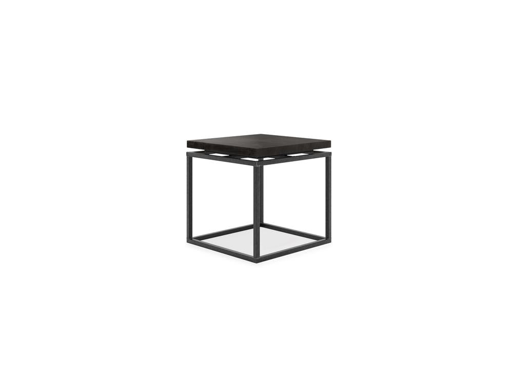 The Floating Top End Table - Charred Ember by James+James features a modern, minimalist design with a black square tabletop and a geometric, open-frame metal base. The clean lines and simplicity of this piece make it versatile for various interior settings.