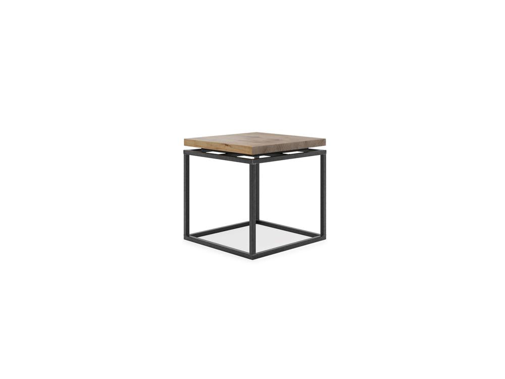 The Floating Top End Table - Harvest Wheat by James+James features a minimalist design with a square wooden top in a natural light brown and an open rectangular black metal frame base, creating a modern and industrial appearance.