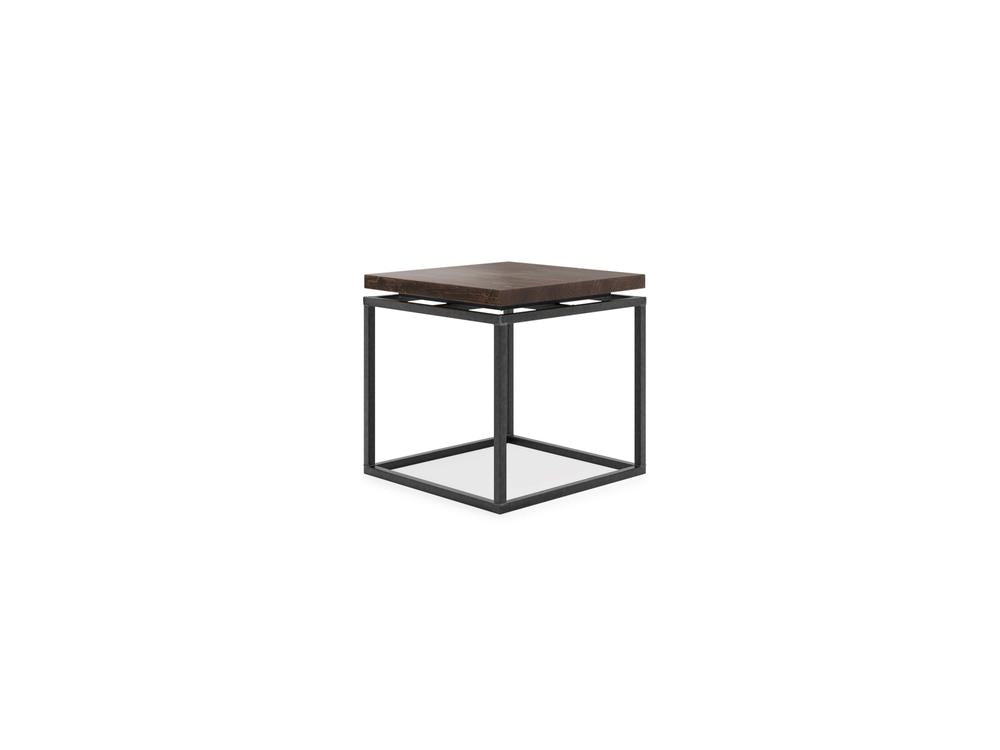 The Floating Top End Table - Tobacco by James+James is a contemporary square side table with a minimalist design. It boasts a dark wooden top and a black metal frame, creating an open cube structure. The table rests on the floor, providing ample space beneath the wooden top.