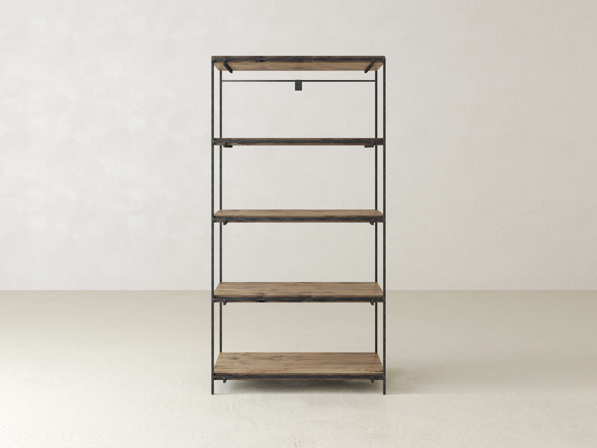A minimalist wooden shelving unit with five shelves is set against a plain, light-colored wall. The shelves are supported by a black metal frame, creating a simple and modern design.
