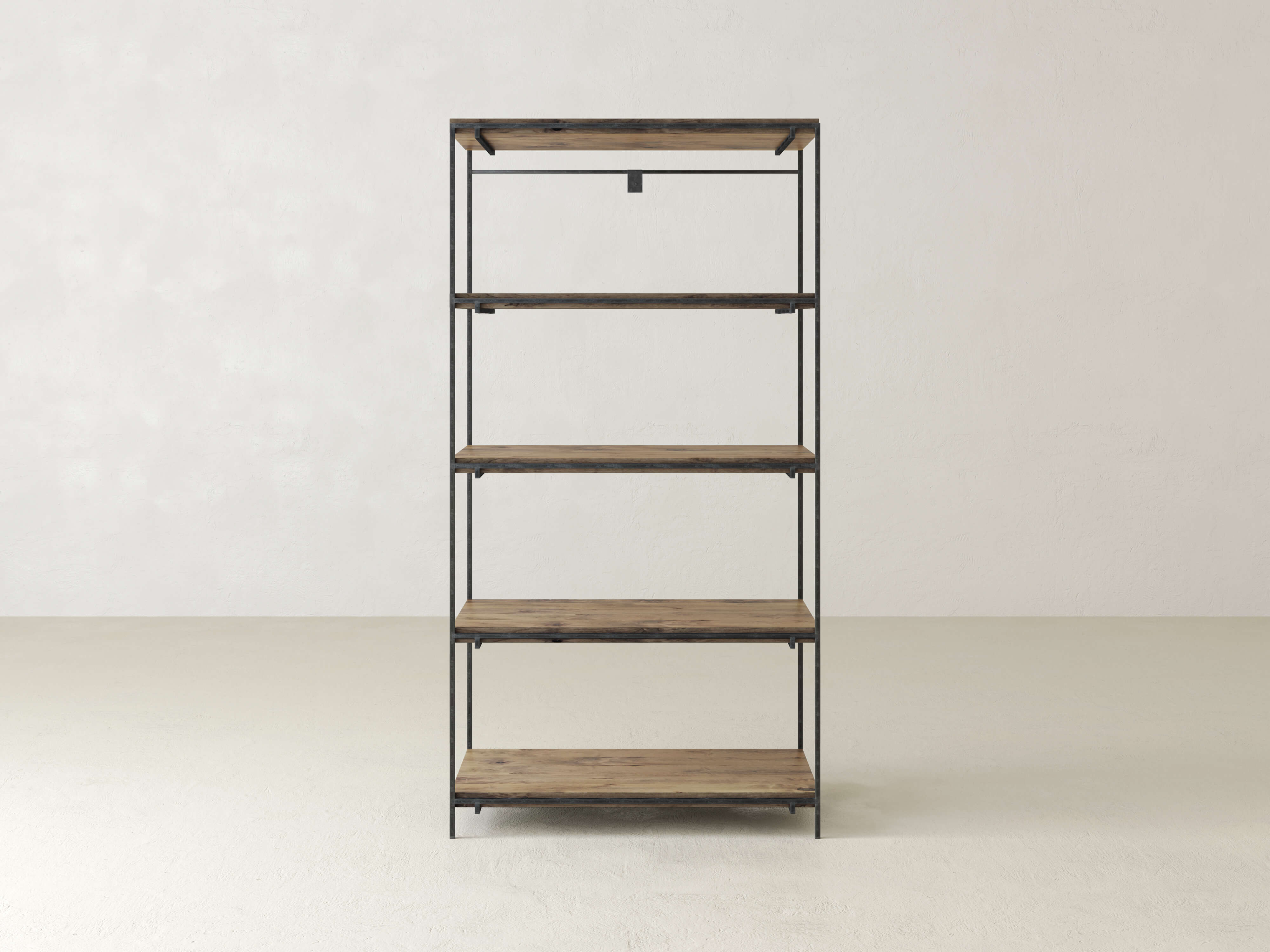 A minimalist wooden shelving unit with five shelves is set against a plain, light-colored wall. The shelves are supported by a black metal frame, creating a simple and modern design.