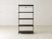 A minimalist, dark wood and black metal shelving unit with five shelves, standing against a plain white wall on a light-colored floor. The design is simple and modern, suitable for various home decor styles.