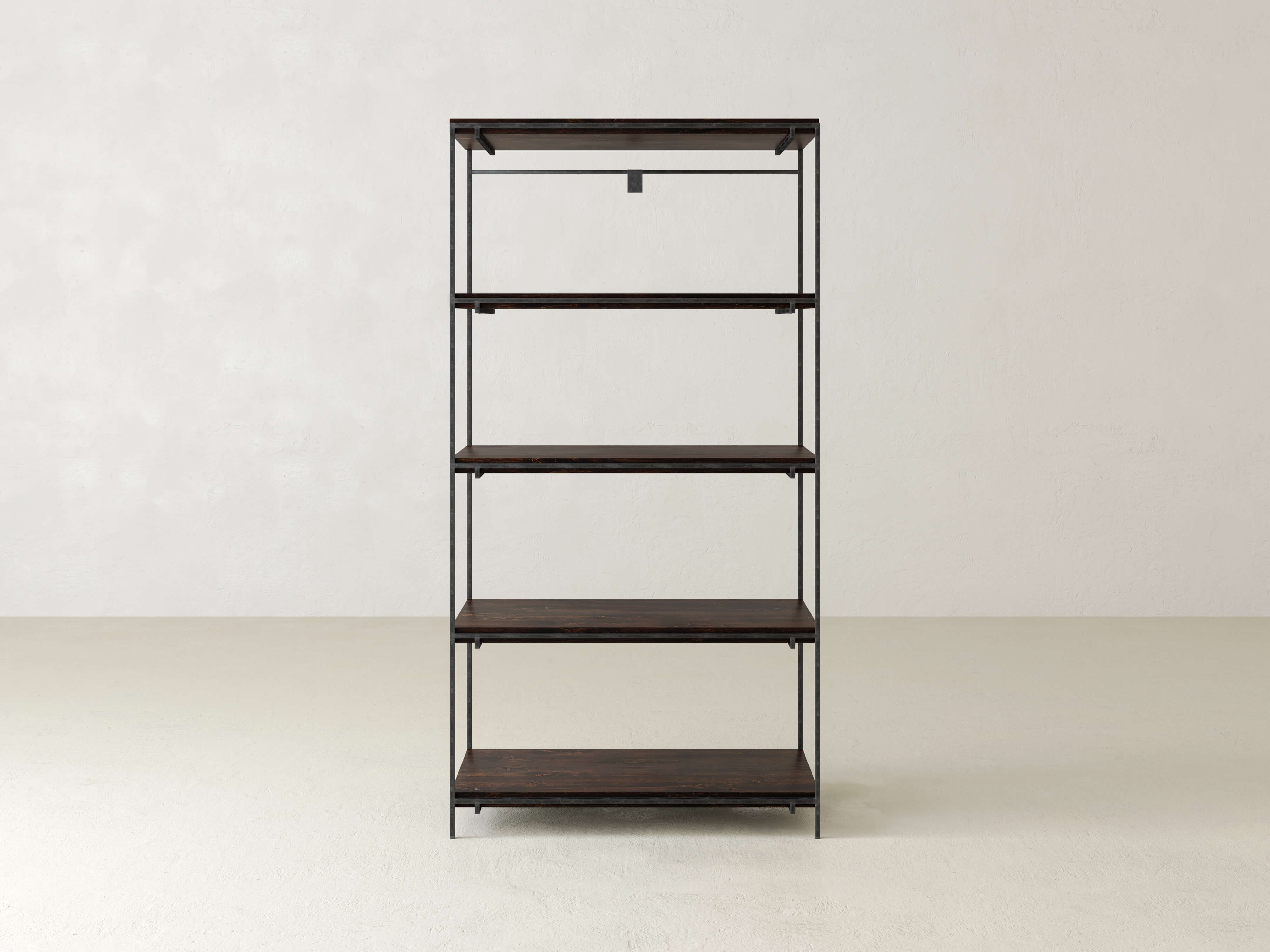 A minimalist, dark wood and black metal shelving unit with five shelves, standing against a plain white wall on a light-colored floor. The design is simple and modern, suitable for various home decor styles.
