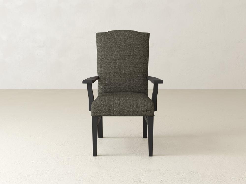 A textured gray, high-back chair with wooden armrests and legs, placed on a light, plain background.