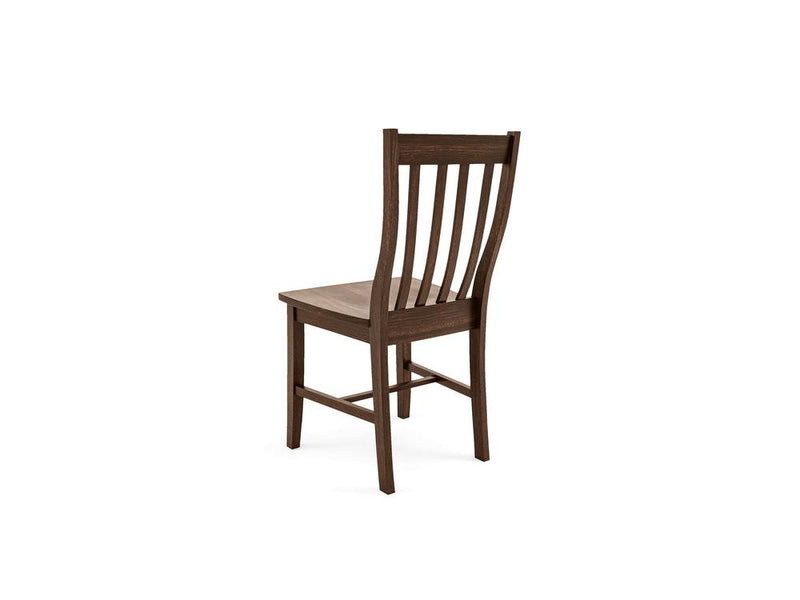 The Henry Dining Chair - Tobacco by James+James features a wooden design with a high backrest adorned with vertical slats. The chair boasts a dark wood finish and four straight legs, showcasing simple and sturdy construction. Its flat seat complements the classic and minimalist design, as shown from an angled rear view.