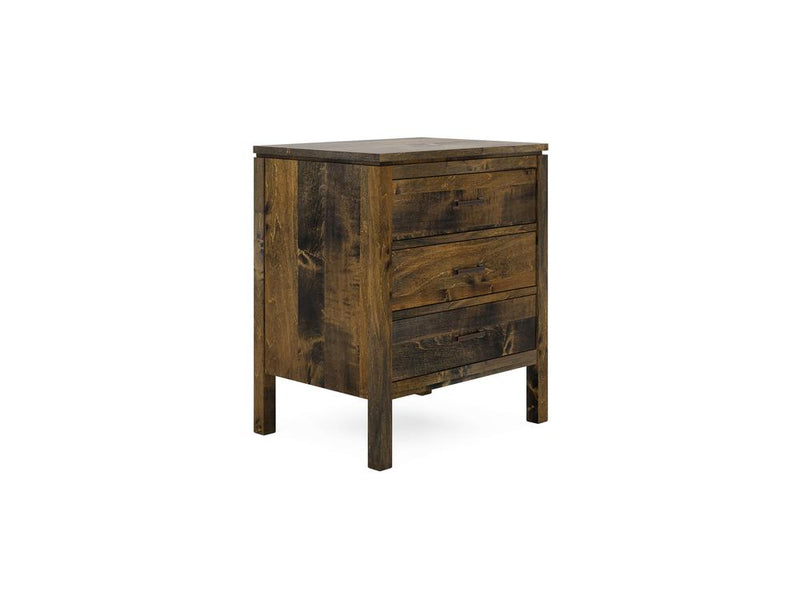 The Jensen 3 Drawer Nightstand by James & James is crafted from solid maple, featuring metal handles and a weathered finish for an antique look. Its sturdy legs and ample storage add vintage charm to any decor.