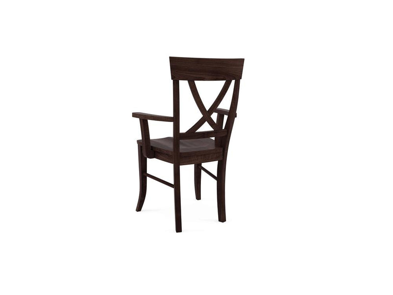 Dark wooden chair with a curved backrest featuring an X design. It has a smooth, solid seat and straight legs. The chair is photographed at an angle, showcasing its side and back.