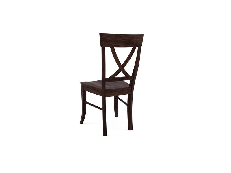 A dark wood chair with an X-shaped backrest design, viewed from the side. The chair has a simple, elegant structure with a flat seat and slightly curved legs.