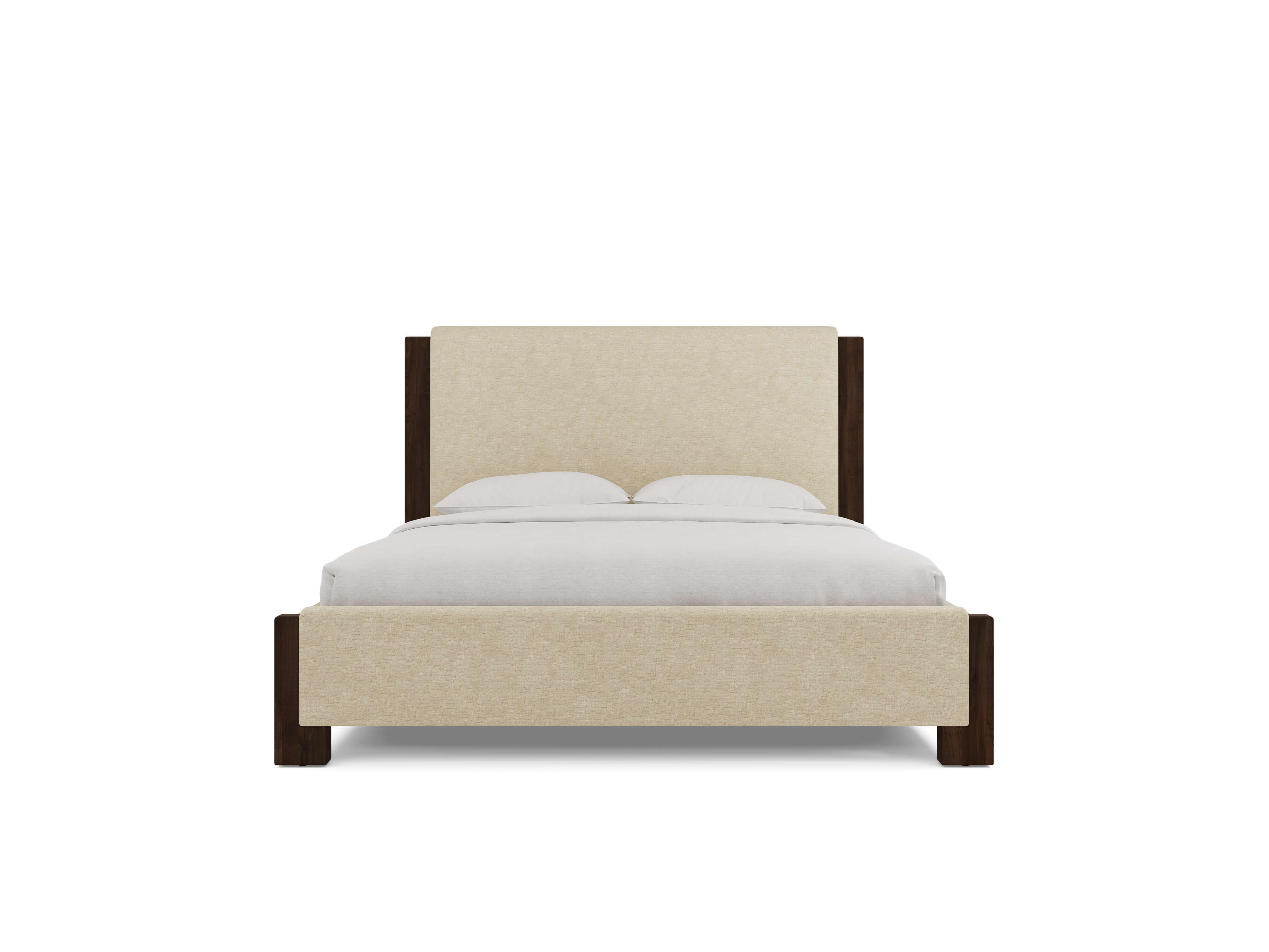 A beige upholstered bed with a high headboard and dark wooden frame, topped with white pillows and bedding, is centered against a white background.