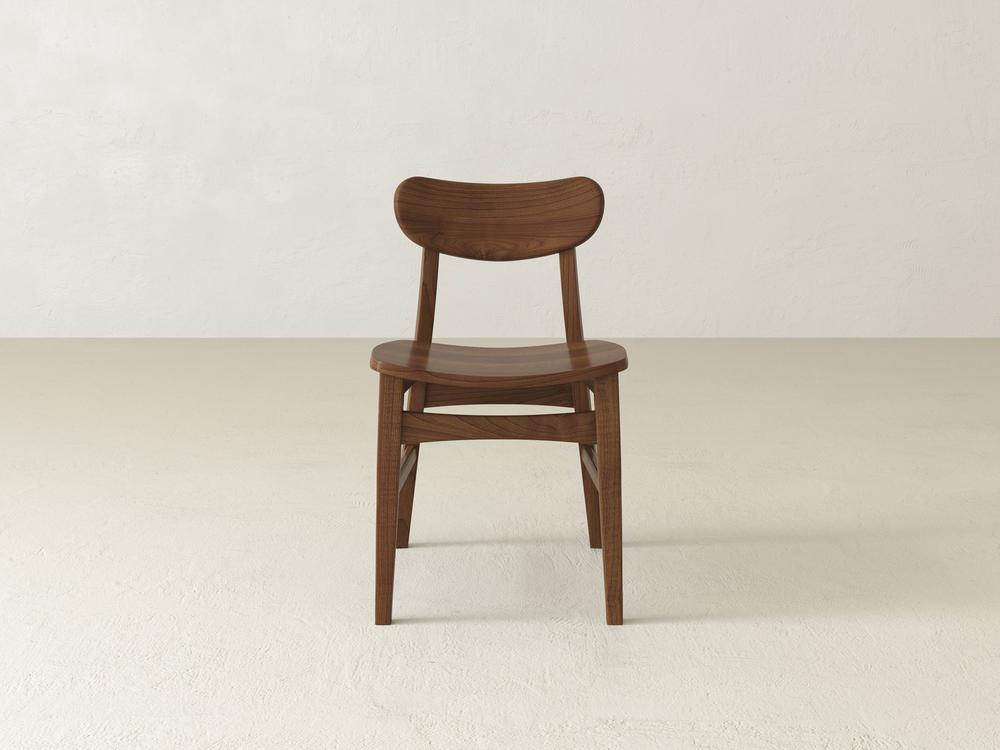 A wooden chair with a curved backrest and seat, featuring simple legs and a minimalist design, set against a plain off-white background.