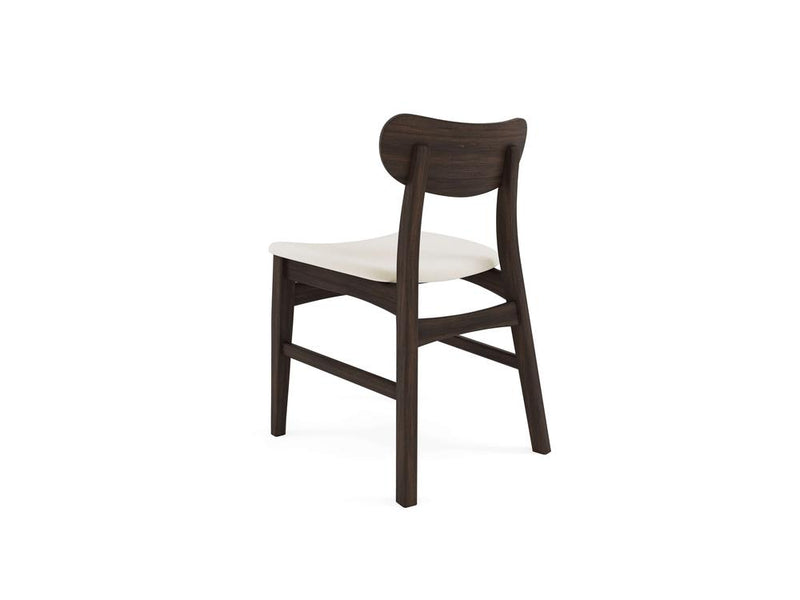 A wooden chair with a dark brown frame and a light beige cushioned seat is viewed from the back, showing its curved backrest and angled legs, set against a plain white background.