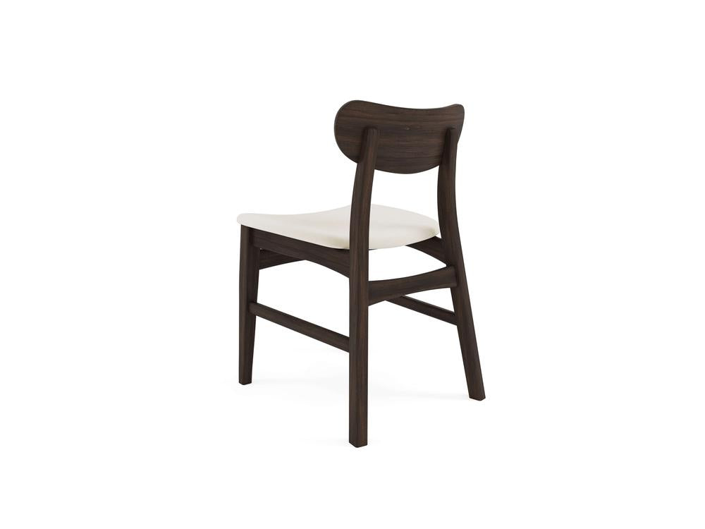 A wooden chair with a dark brown frame and a light beige cushioned seat is viewed from the back, showing its curved backrest and angled legs, set against a plain white background.