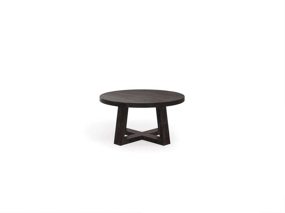 A round Rae Coffee Table - Charred Ember by James+James with a simple and modern design. The tabletop has a smooth finish, and the base features a crisscross support structure. The table is set against a plain white background.