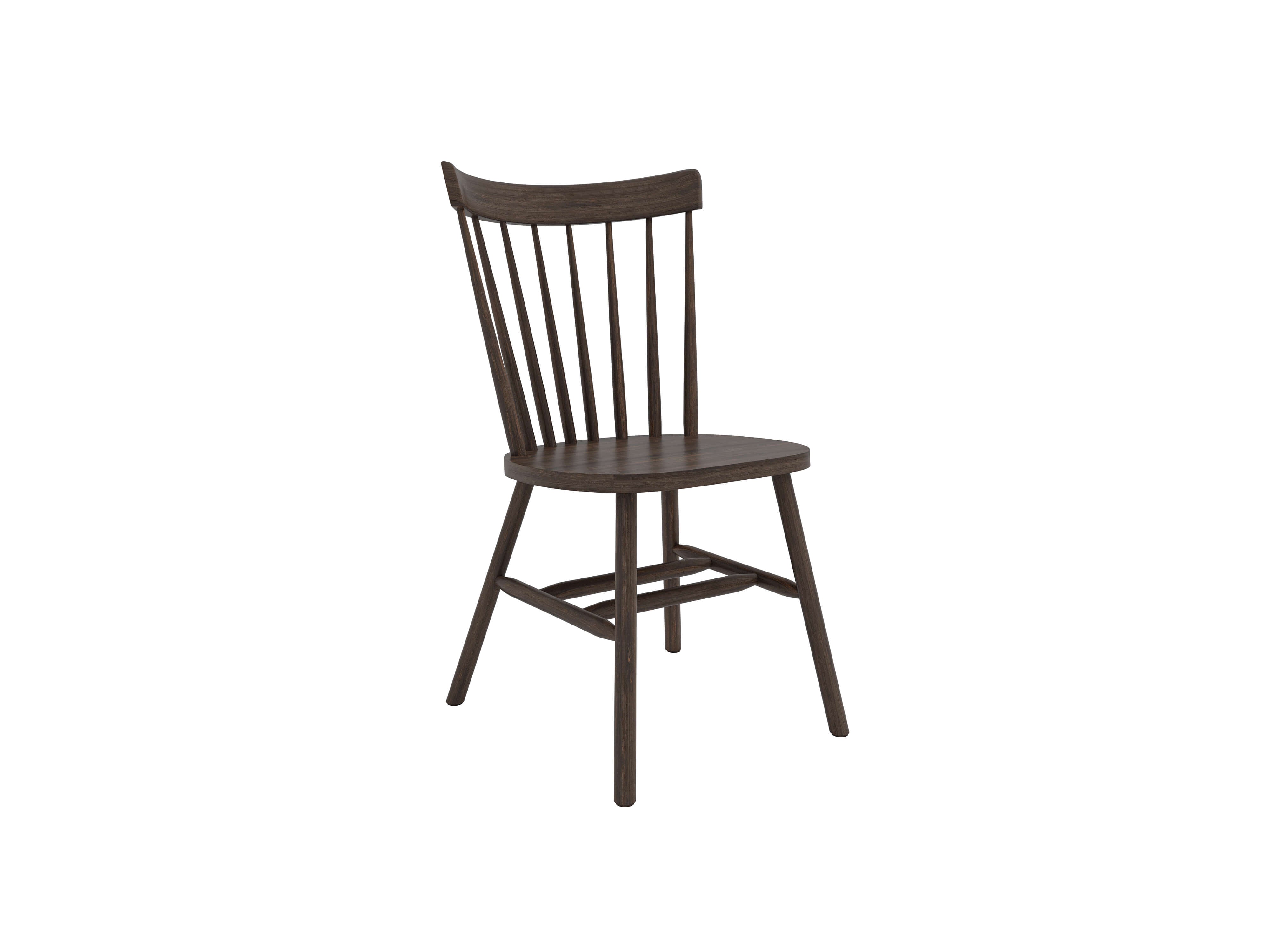A wooden chair with a curved backrest composed of vertical slats. It has a round seat and four tapered legs, angled slightly outward for stability. The wood has a dark, polished finish.