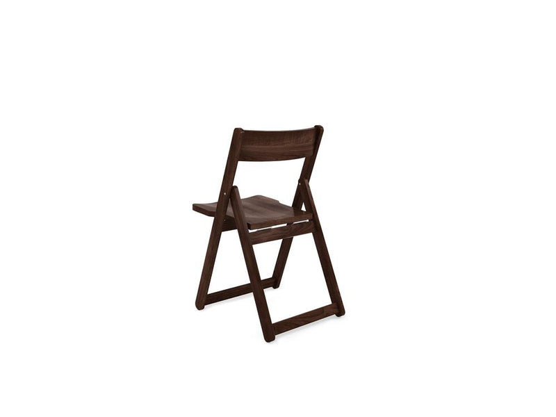 Wooden folding chair with a dark finish, viewed from the back against a white background.