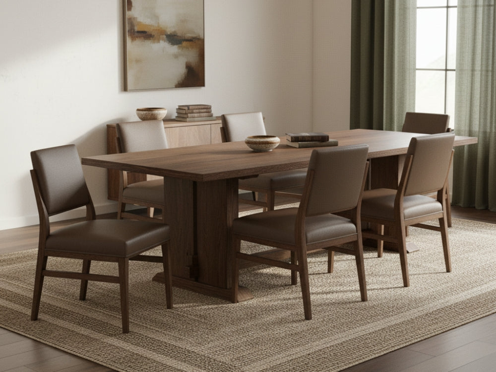 A modern dining room showcases a James+James Toffee leather table with six brown chairs on a woven rug. Neutral wall art hangs above a sideboard, and large windows with green curtains fill the space with light.