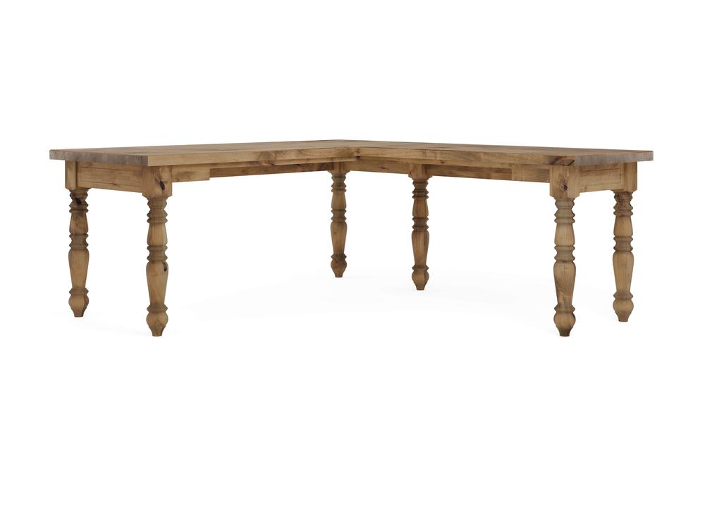 Introducing the Turned Leg Corner Desk - Harvest Wheat by James+James: a beautifully crafted wooden L-shaped desk featuring ornate, carved legs. Its natural finish highlights the wood's rich grain and texture. With its classic design, it is the perfect addition to any home office or study.