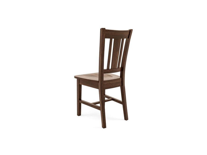 The William Dining Chair - Tobacco by James+James is a wooden chair with a dark brown finish, viewed from an angle showing its back and right side. The chair features a simple design with a slatted backrest, square seat, and straight legs reinforced with horizontal supports.