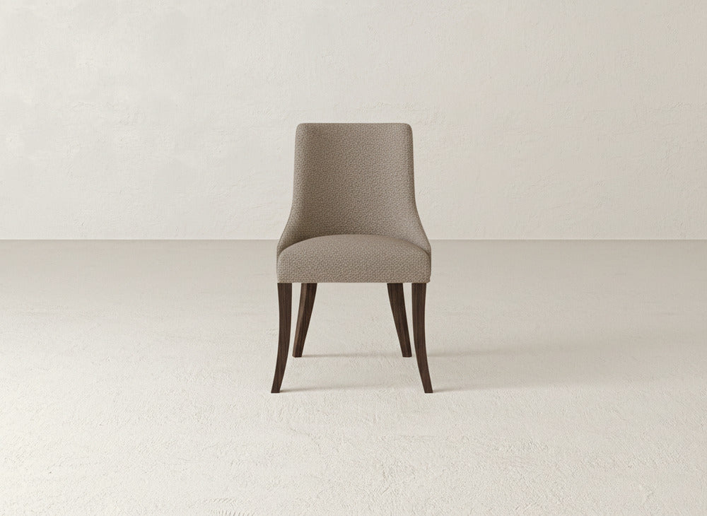 The James+James Willow Dining Chair, featuring a curved backrest and dark wood legs, stands at the center of a minimalist, light-toned room with textured walls and floors.