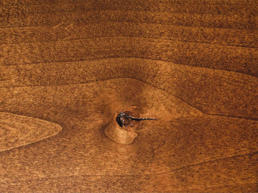 A close-up image of the Abigail Coffee Table - Tuscany from James+James showcases its natural wood grain patterns. The table's surface features a warm, rich brown color with a small, darker knot in the center, adding texture and character.