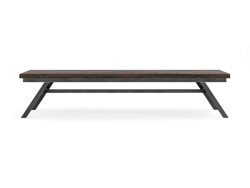 The James+James Fulton Bench - Tobacco on Alder features a dark wooden seat with angled black metal legs, displayed against a plain white background.