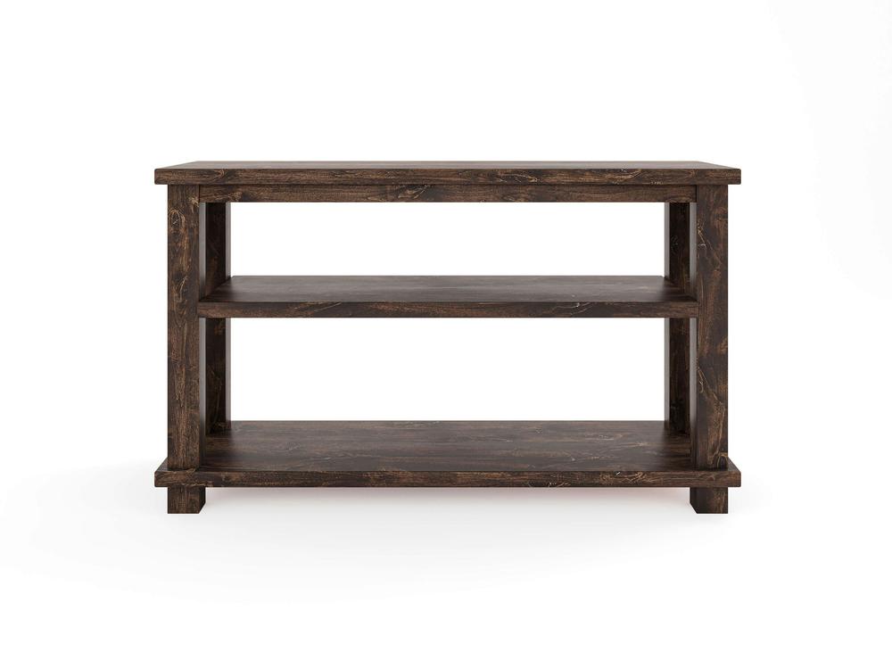 The Carter X Sofa Table - Tobacco by James+James features a dark brown, wooden design with a rustic finish. This console table offers a rectangular top and two lower shelves, ideal for storage or display purposes. Its sturdy, straight legs provide ample support for the entire structure.