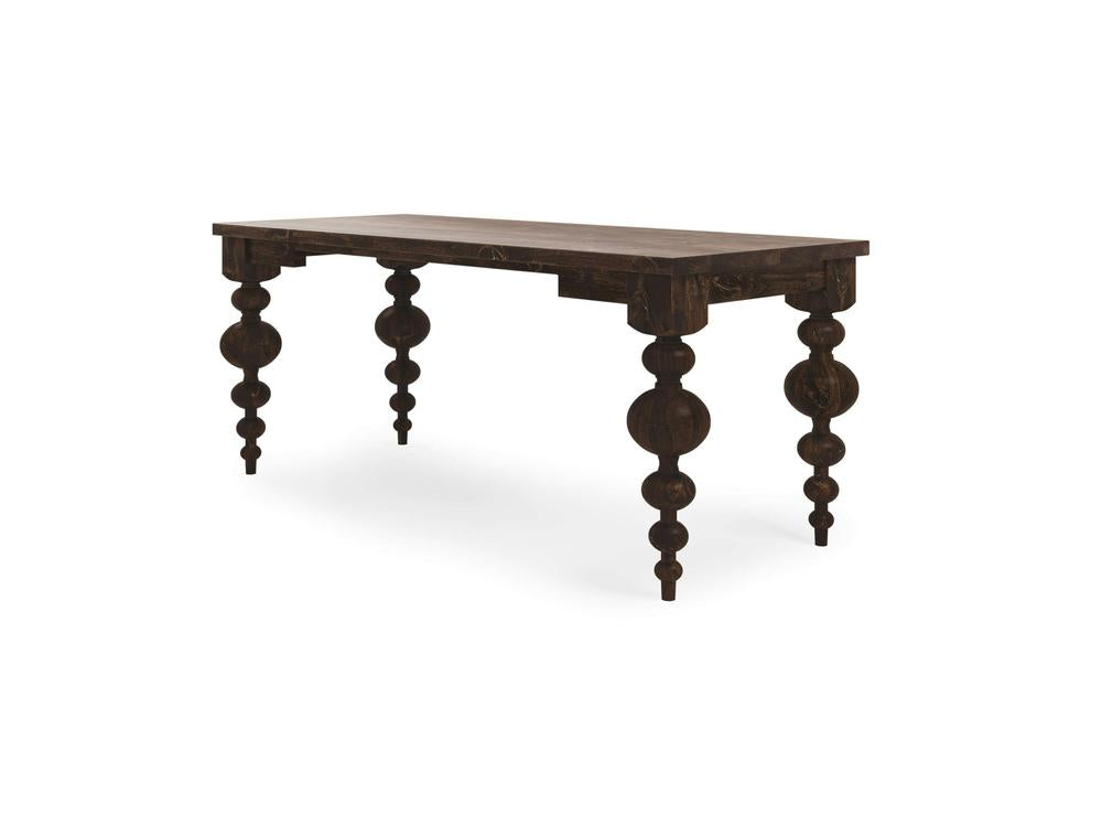 Introducing the Olivia Desk - Tobacco by James+James, a dark wooden desk with a rectangular top and ornate, spindle-shaped legs. This desk boasts a rich, polished finish and a classic, elegant design. The legs feature a series of spherical and cylindrical shapes, adding a unique decorative element to this exquisite piece.