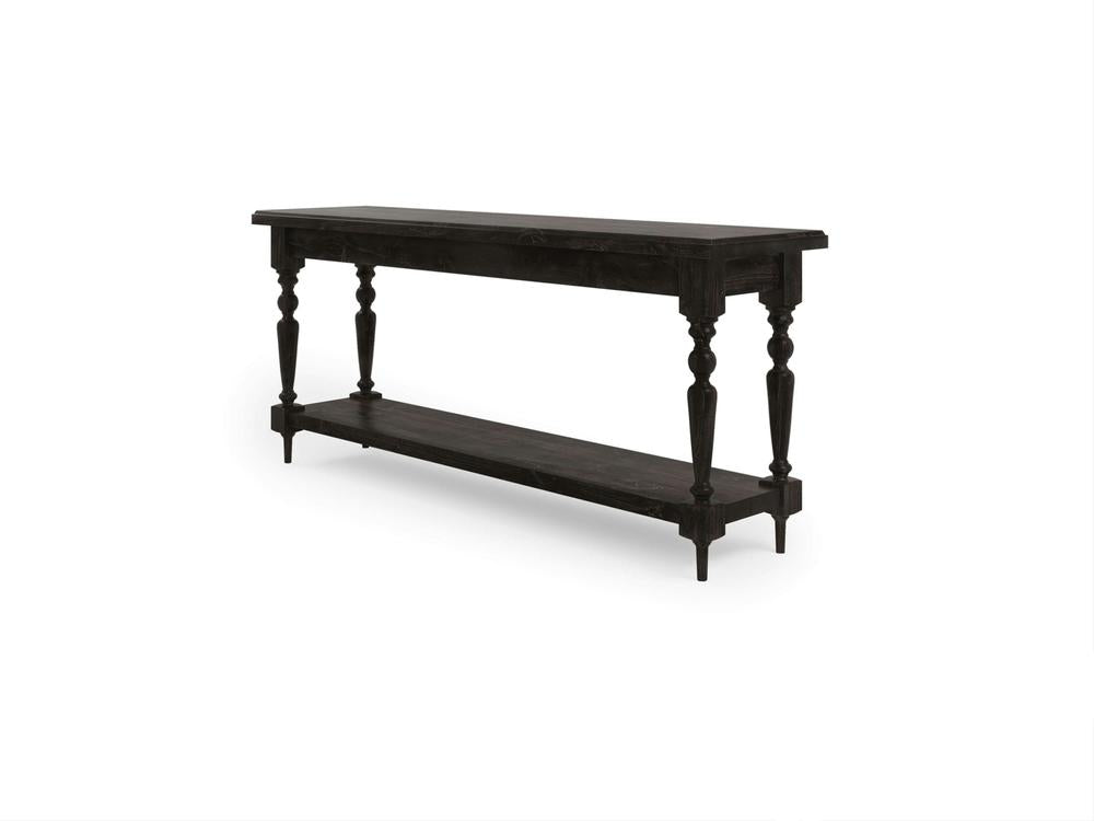 The Ella Sofa Table - Charred Ember by James+James is a rectangular dark wooden console table featuring four intricately carved legs and a lower shelf. It has a polished finish and is set against a plain white background.