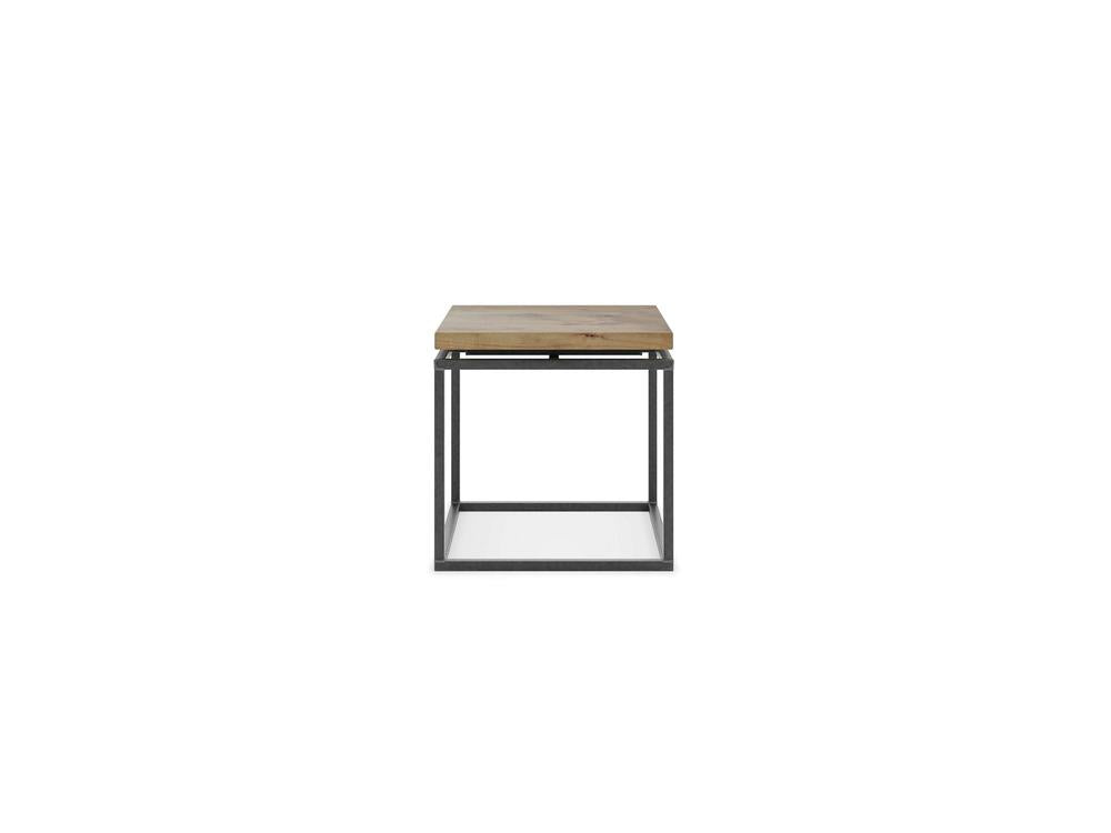 Introducing the Floating Top End Table - Harvest Wheat by James+James: This minimalist, square wooden side table boasts a tabletop made of light brown wood with a natural grain pattern, supported by an open and airy black metal frame. Photographed from a frontal view on a white surface, this piece perfectly combines simplicity and elegance.