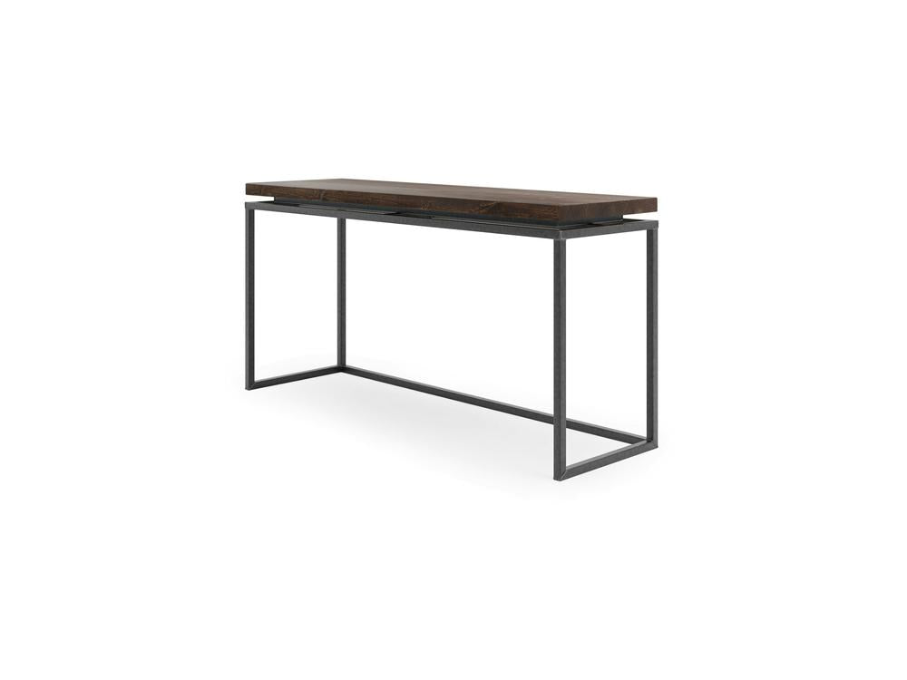 Introducing the Floating Top Sofa Table - Tobacco by James+James, a modern console table featuring a dark wooden top and a minimalist black metal frame. Its sleek design with clean lines offers a contemporary look, perfect for an entryway or living space.