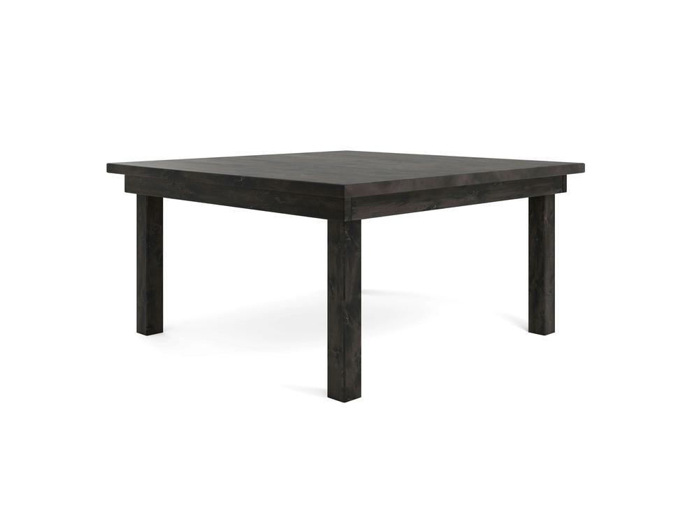 A square, dark wooden table from James+James, named the "Farmhouse Square Dining Table - Charred Ember," with four sturdy legs is centered in the image, standing on a white background. The table boasts a simple, minimalist design without any additional decorative elements.