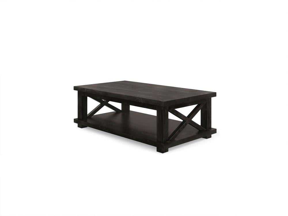 The Carter X Coffee Table - Tobacco by James+James is a dark wood coffee table with a rectangular top, featuring an open shelf underneath. It has sturdy legs and a simple, rustic design enhanced by X-shaped braces on the sides for added support and style.