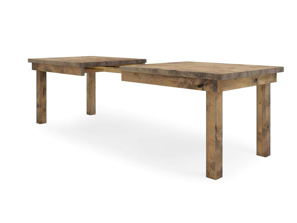 Introducing the James+James Farmhouse Expandable Dining Table in Harvest Wheat: a beautifully simple wooden table with four sturdy legs and an expandable feature. It includes an extra leaf in the center, enabling you to extend it for additional length. This table boasts a natural, rustic wood finish perfect for any dining space.