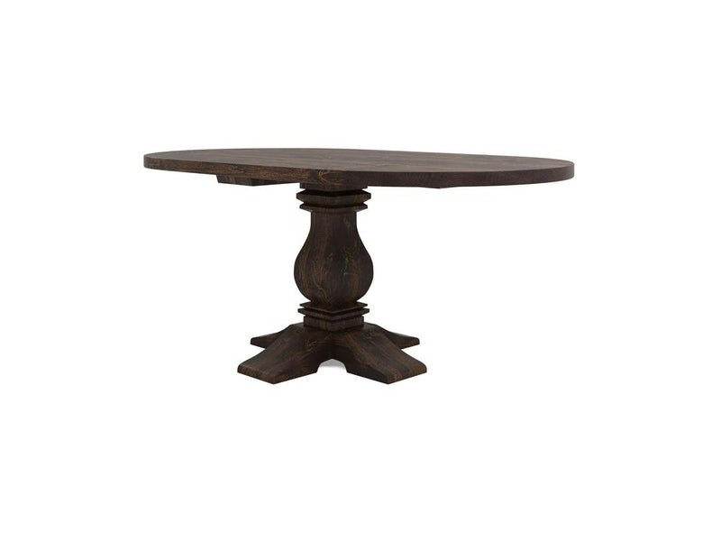 The Heirloom Oval Dining Table - Tobacco by James+James is a dark wooden masterpiece featuring a single ornate pedestal base. With its rustic finish, the table stands elevated on four sturdy feet stemming from the central pedestal, exuding a classic and elegant design.