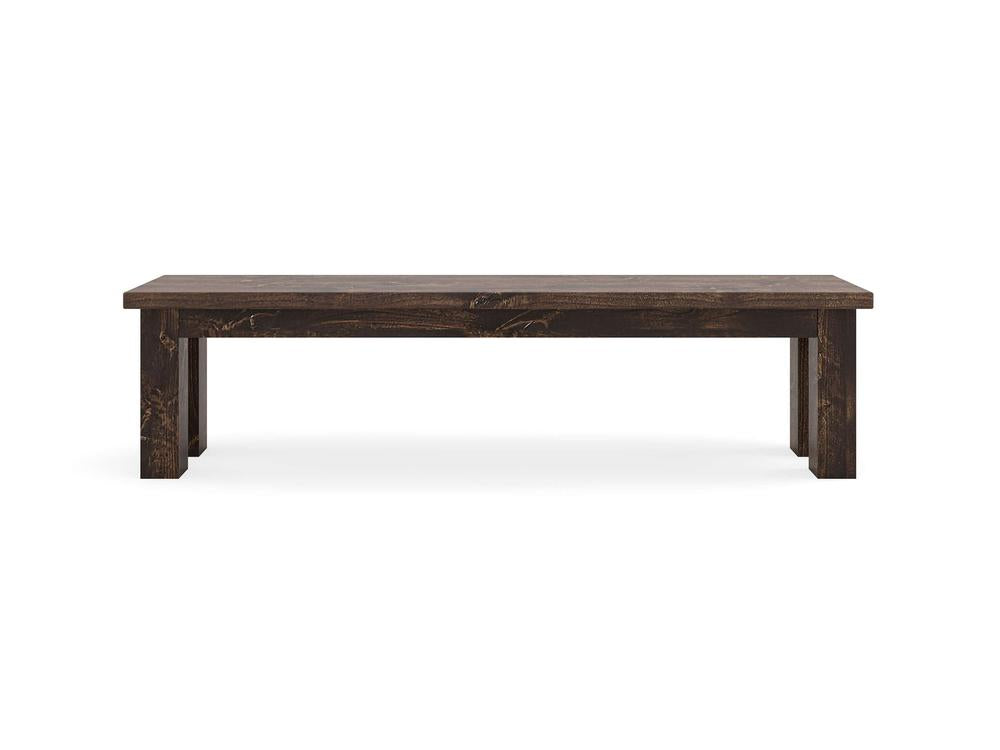 The James+James Farmhouse Bench - Tobacco on Alder is a simple rectangular bench with a dark brown finish, four sturdy square legs, and a flat seat, shown against a white background.