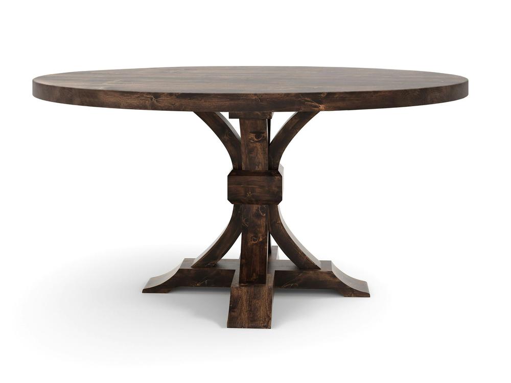 The Violet Round Dining Table - Tobacco by James+James features a dark wooden tabletop with a smooth finish that beautifully highlights the rich natural wood grain. This round dining table is supported by a central pedestal base with curved, intersecting supports that rest on a sturdy X-shaped base, delivering a rustic yet elegant design.