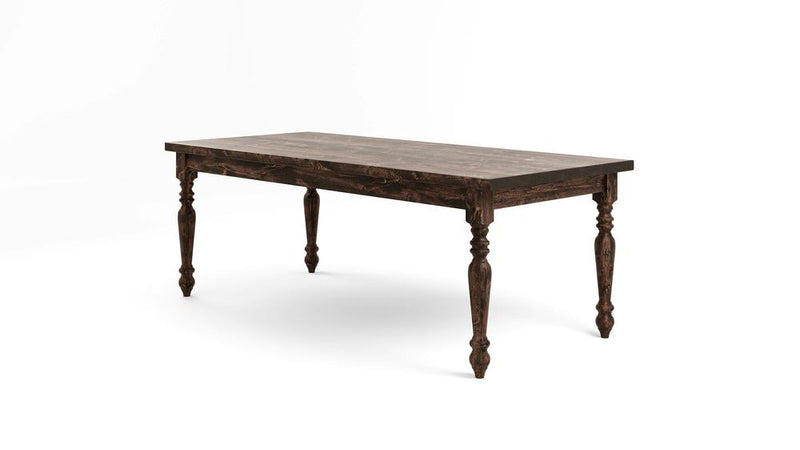 The James+James French Country Dining Table - Tobacco features a dark wooden rectangular top and ornate, carved legs. This dining table boasts a polished surface and classic design, elegantly displayed against a plain white background.