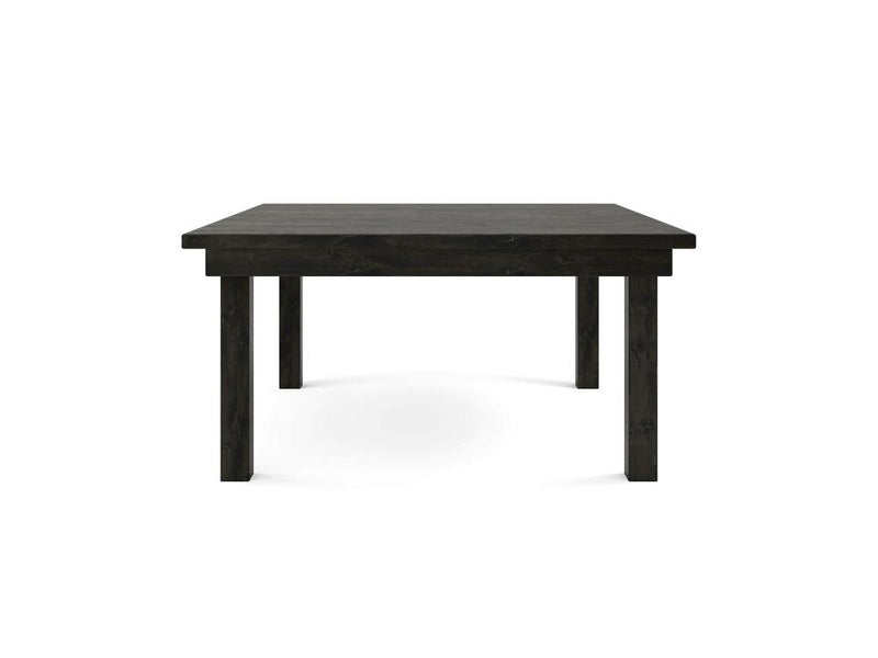 The James+James Farmhouse Square Dining Table in Charred Ember, viewed from the front against a white background, boasts a dark wooden construction with a simple rectangular design and sturdy legs. The table features a smooth, flat surface and clean, minimalist lines.
