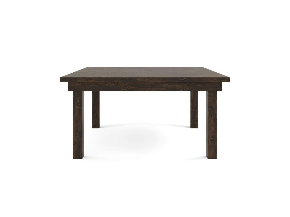 The James+James Farmhouse Square Dining Table in Tobacco features a dark wooden, square design with a simple and classic aesthetic. It has a flat surface and four straight legs, making it suitable for dining or work.