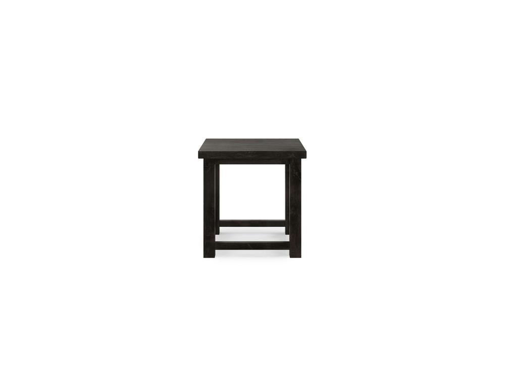 The Carter X Side Table - Charred Ember by James+James is a small side table made from dark wood, featuring a square top, four straight legs, and a horizontal support connecting the legs near the base. Its design is simple and minimalist.