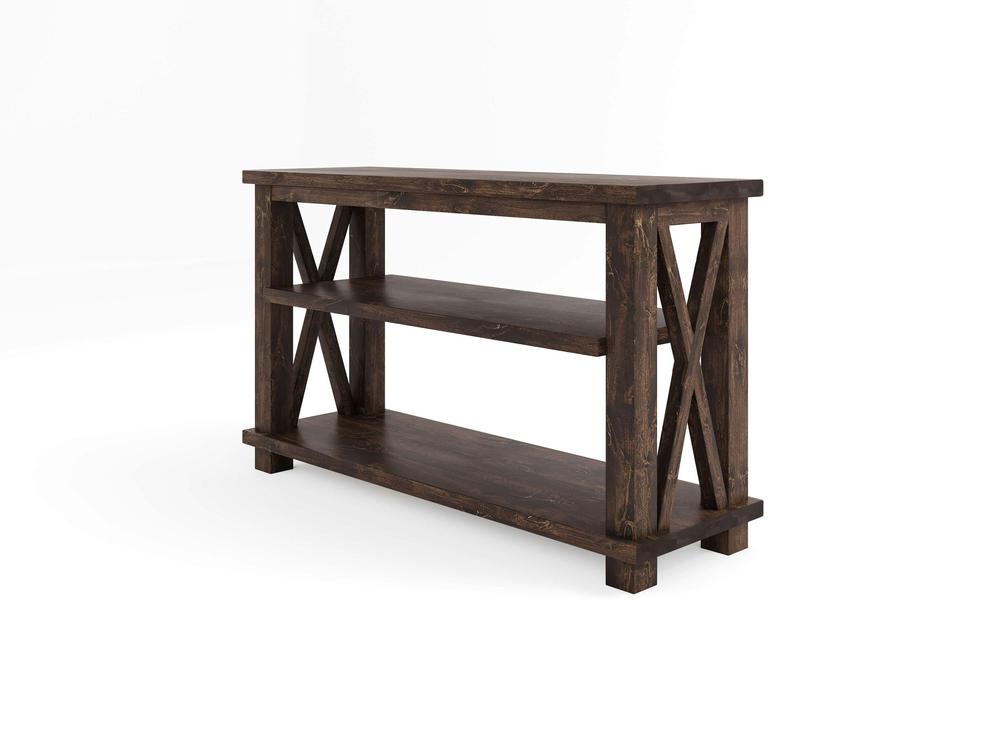 The Carter X Sofa Table - Tobacco by James+James is a dark wooden console table featuring a rectangular top and two lower shelves for storage. Its design includes X-shaped side supports for added stability and a rustic look. The table is set against a plain white background.