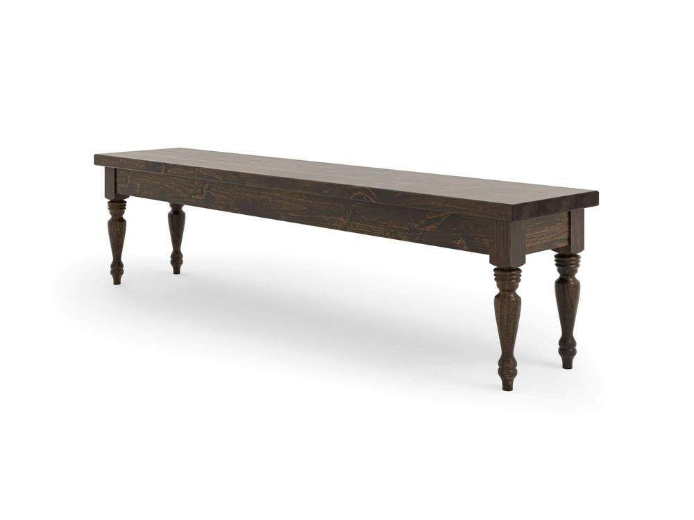 The Chateau Bench - Tobacco by James & James features a long, rustic wooden design with a rectangular top and four carved legs, enhancing its classic and sturdy appearance. It's showcased against a plain white background.