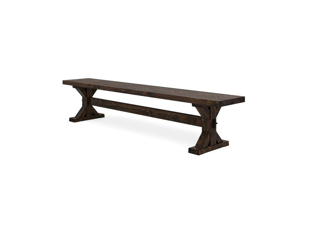 The James+James Trestle Bench – Tobacco on Alder features a thick rectangular seat with sturdy X-shaped legs and a central support beam, offering rustic, robust style perfect for dining or entryway seating.
