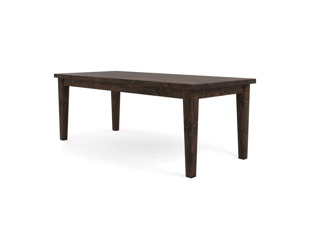 An image of the Ava Parsons Dining Table - Tobacco by James+James, featuring a dark wooden rectangular top and four sturdy legs. The table boasts a rustic, slightly distressed finish and appears to be crafted from solid wood. It is set against a plain white background.