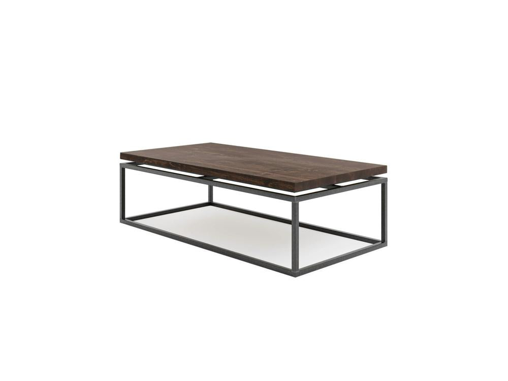 The James+James Floating Top Coffee Table - Tobacco is a modern piece featuring a dark wooden top and a minimalist black metal frame. The design includes an open lower shelf created by the frame, providing additional space underneath the tabletop.