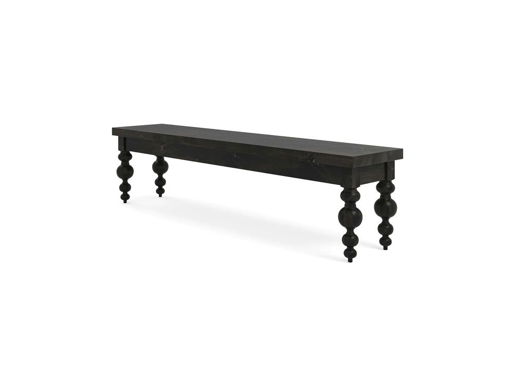 The Olivia Bench by James+James features a rectangular seat in Charred Ember on Alder and four ornate, turned legs, displayed against a plain white background.