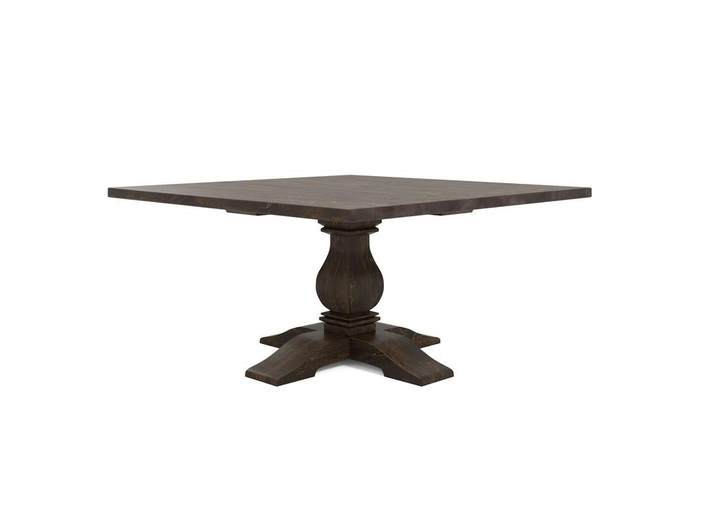 Introducing the Heirloom Square Dining Table - Tobacco by James+James. This table boasts a dark wooden design with a central pedestal base that features intricate carvings and four sturdy legs extending outward from the center. The tabletop is finished smoothly, highlighting its subtle wood grain texture.